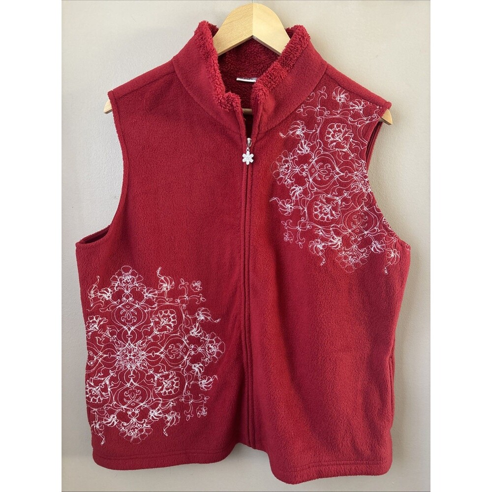 Croft & Barrow Fleece Vest Womens XL Red Snowflake Embroidered Zip